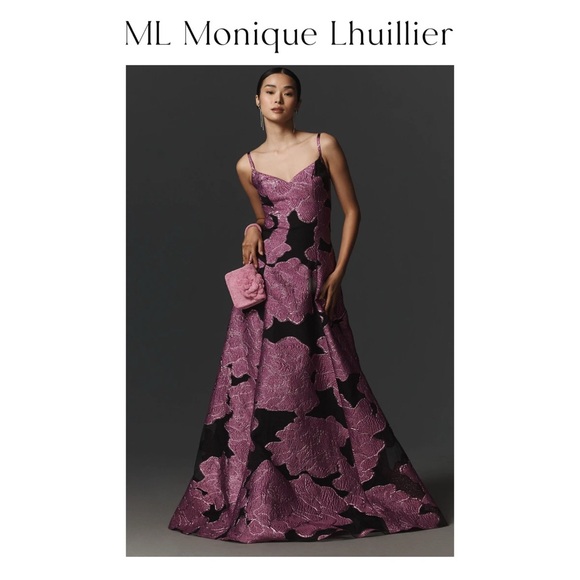 ml monique lhuillier floral embroidered dress After All Embroidered Tie-Back High-Low Maxi Dress, Black / L